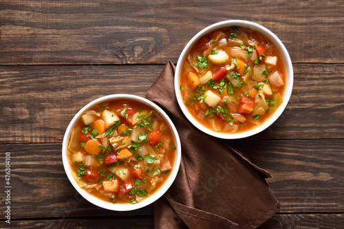 Cabbage soup in bowls