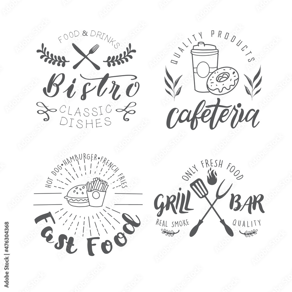 The logo of fast food, cafe, barbecue, grill bar. Emblem for the menu, booklet.