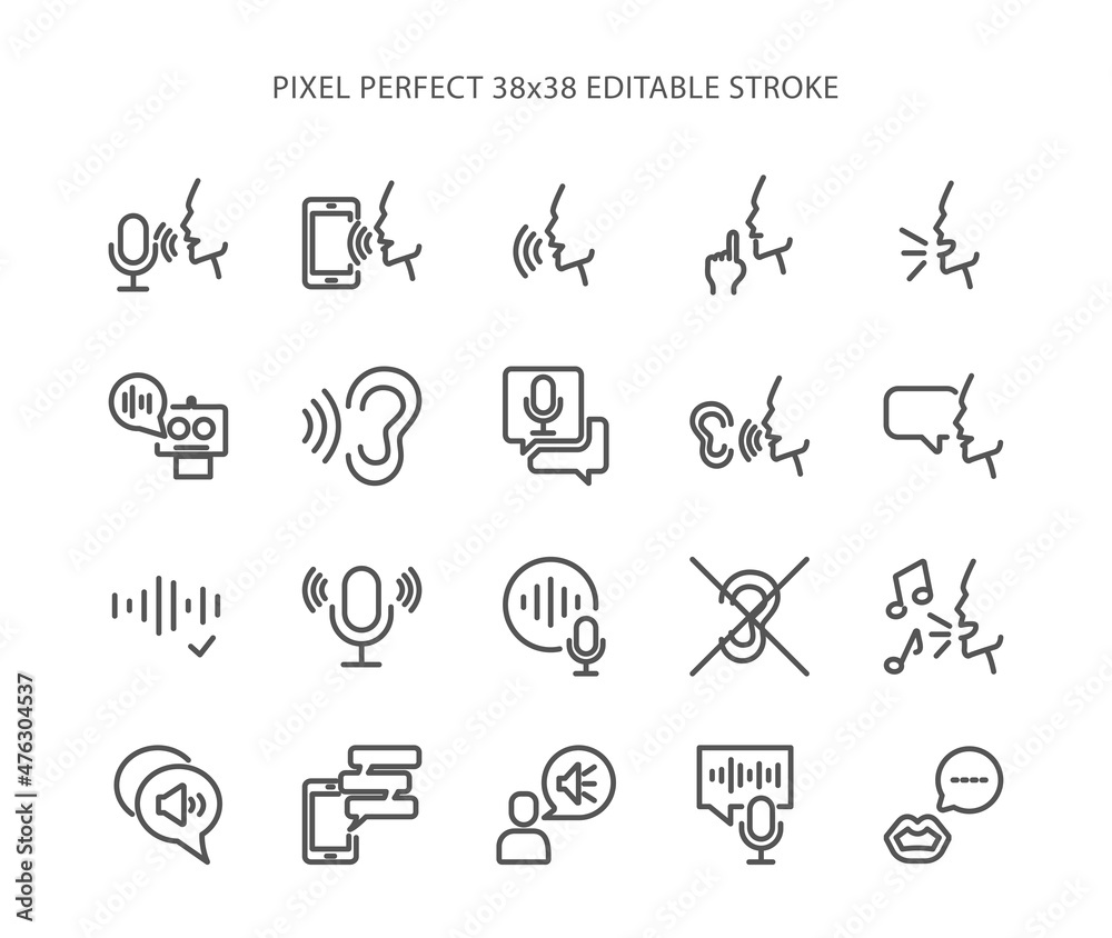 Simple set of voice related vector line icons. Flat, digital icon set for web and mobile. Pixel Perfect 38x38 Editable Stroke. Simple set of voice related vector line icons. Flat, digital icon set for web and mobile. Pixel Perfect 38x38 Editable Stroke.