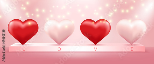 Cute design podium stage. Valentines day promotion display product. Realistic 3d vector design.