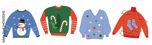 Ugly Christmas sweater isolated on white background. Collection of knitted winter jumpers for the New Year's party. Hand drawn doodle, vector 10ps. X-mas decor photo