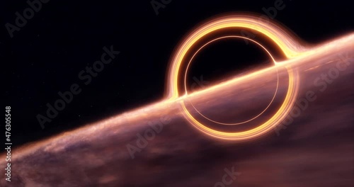 Black hole with lensing effect and accretion disk. Stars background.