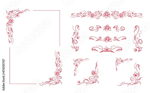 Elegant floral frame with roses and flourishes. Collection of vintage hand drawn romantic rose vignettes, borders, dividers, and corners
