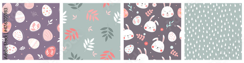 A set of seamless Easter pattern with different colored eggs  branches with leaves  chaotic drops  muzzles of bunnies  rabbits. Festive spring print. Vector graphics.