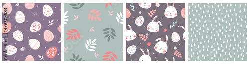 A set of seamless Easter pattern with different colored eggs, branches with leaves, chaotic drops, muzzles of bunnies, rabbits. Festive spring print. Vector graphics.