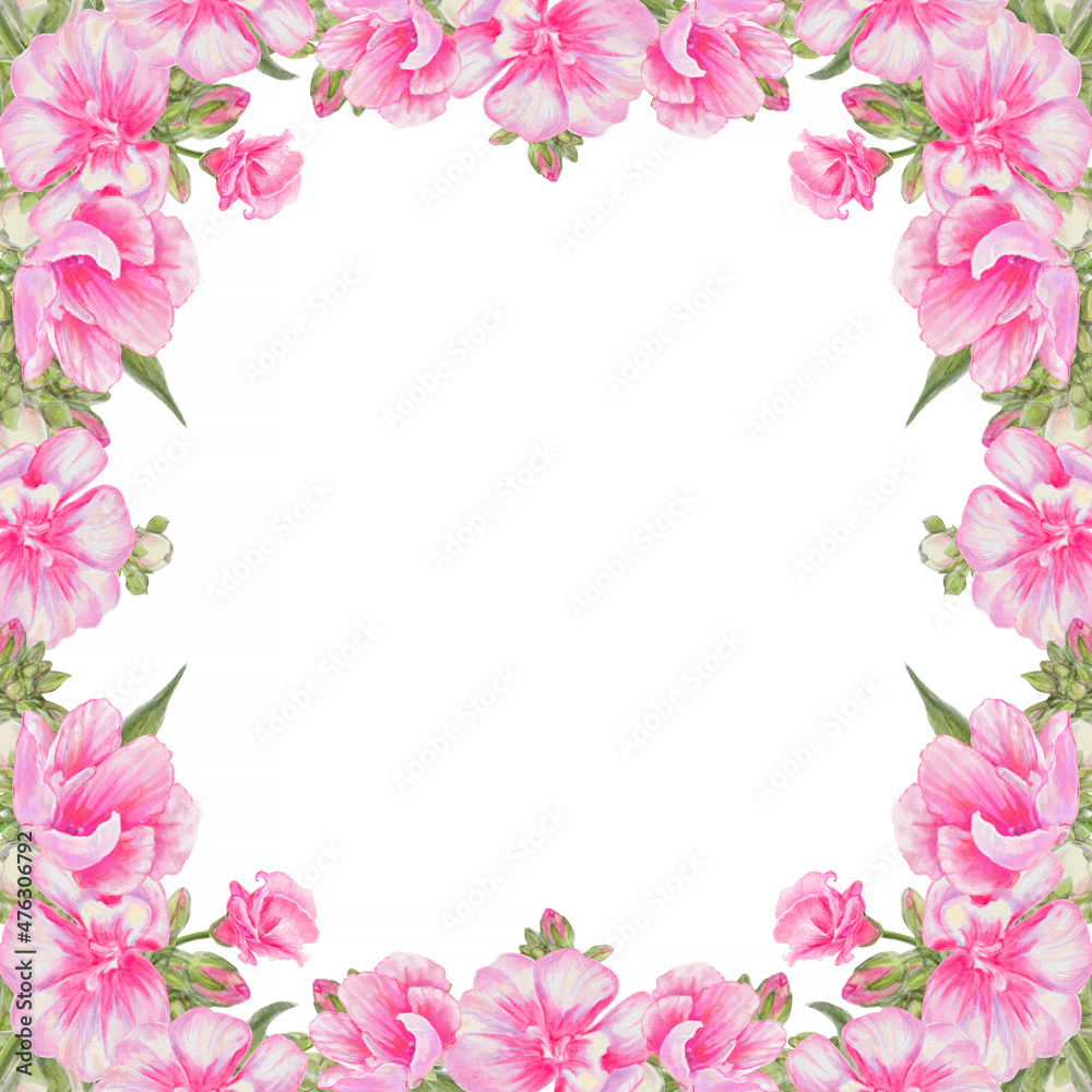 Square frame, border from bouquets of realistic pink flowers. For your own design of wedding, birthday, St Valentine Day cards.