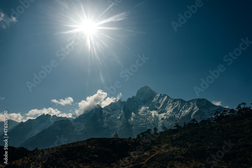 panorama view of Mount Everest massif Nuptse, Lhotse and Ama Dablam from Namche Bazar, Himalayas, Nepal. photo