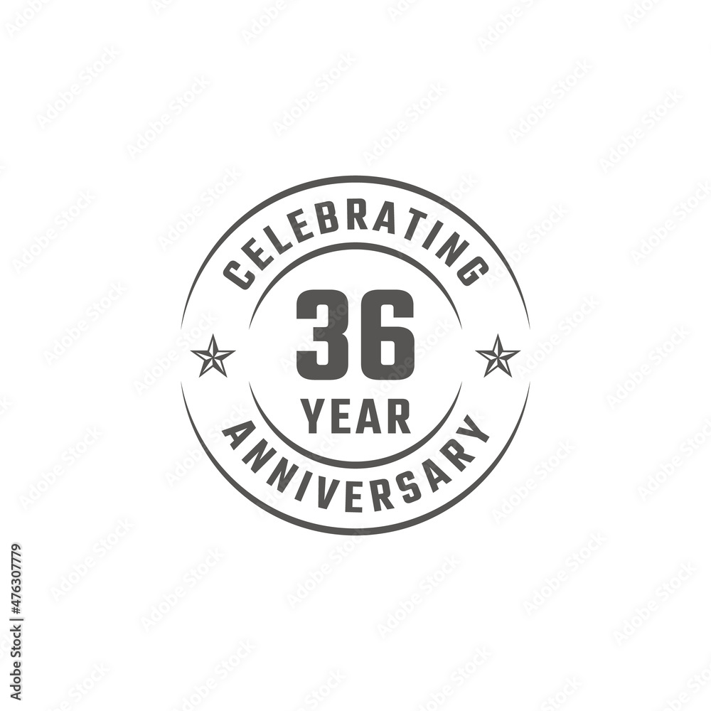 36 Year Anniversary Celebration Emblem Badge with Gray Color for Celebration Event, Wedding, Greeting card, and Invitation Isolated on White Background 36 Year Anniversary Celebration Emblem Badge with Gray Color for Celebration Event, Wedding, Greeting card, and Invitation Isolated on White Background