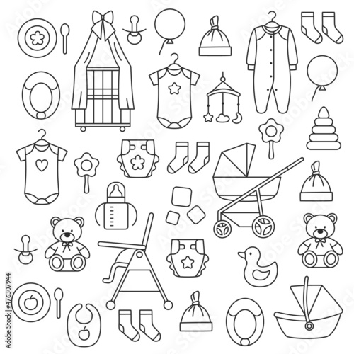 Newborn baby accessories thin line icons set on white background. Kid objects for baby shower card showcase banner flyer design. Cute infant supplies. Outline crib diaper stroller vector illustration.