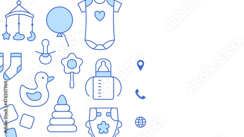 Baby store discount card outline design template. Horizontal line visit identity on white background. Kid clothing toy, furniture, accessories. Business contact, mobile phone, web vector illustration.