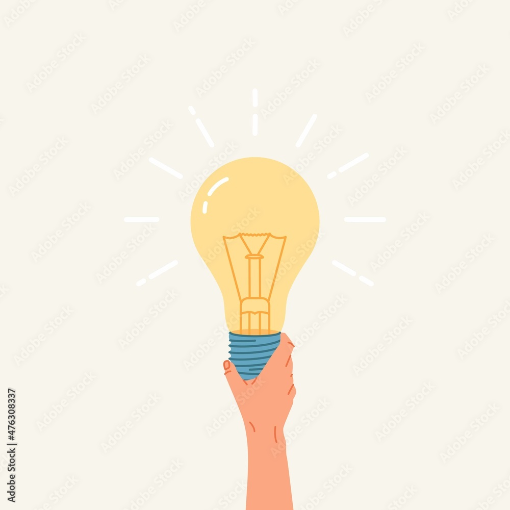Hand holding Light Bulb. Flat illustration of a glowing light bulb in hand. Ideas symbol vector illustration. Hand holding Light Bulb. Flat illustration of a glowing light bulb in hand. Ideas symbol vector illustration.