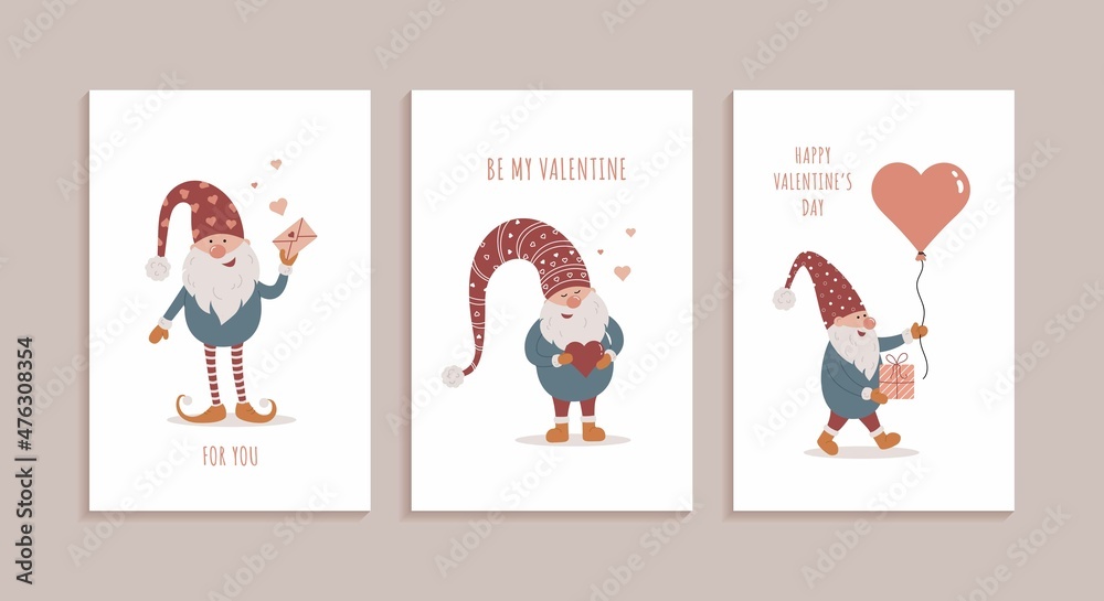 Set of three greeting cards for Valentine's day with cute gnomes.  Love, romantic relationship, Valentine's day concept. Vector illustration in trendy scandinavian style.