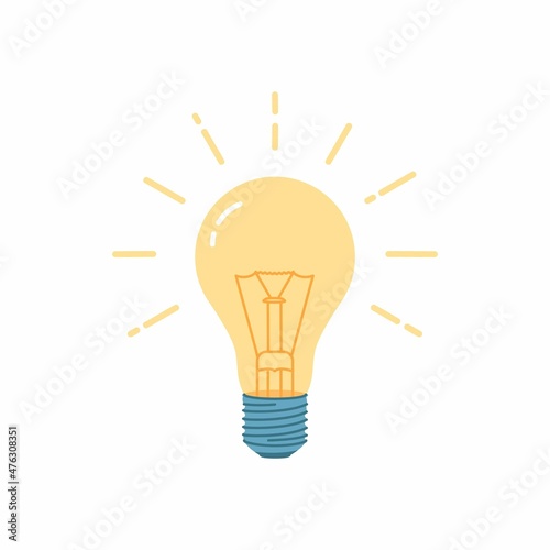 Light Bulb. Flat illustration of a glowing light bulb. Icon isolated on a white background. Ideas symbol vector illustration.