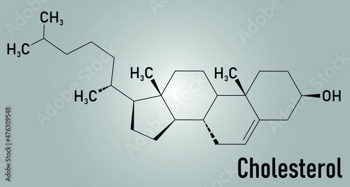 Cholesterol molecule. Essential component of cell membranes and precursor of steroid hormones, bile acids and vitamin D. Skeletal formula.