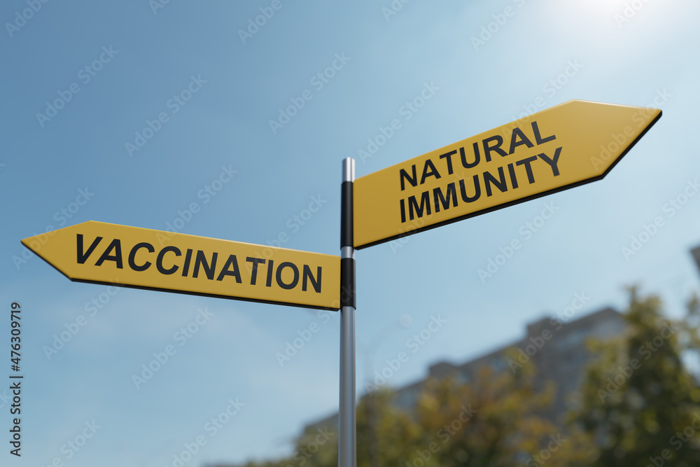 Crossroad signpost showing vaccination and natural immunity, 3D Render Crossroad signpost showing vaccination and natural immunity, 3D Render