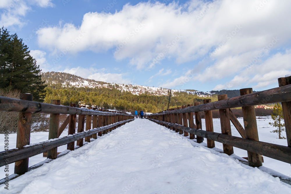 panoramic view of winter landscape. people walking on wooden walking path, with many snow and frozen trees. The Abant Lake Natural Park(Black Sea) Region. panoramic view of winter landscape. people walking on wooden walking path, with many snow and frozen trees. The Abant Lake Natural Park(Black Sea) Region.
