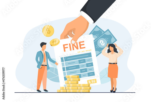 Cartoon characters paying traffic bill, municipal tax or parking fee as penalty from police. Financial mulct or punishment concept. Tiny people getting paper sheet with fine flat vector illustration. 