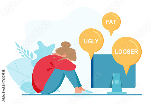 Sad woman with laptop receiving pop up messages. Cyber bullying. Online abuse concept. Teenager sitting on the floor and crying. Vector illustration in flat cartoon style.
