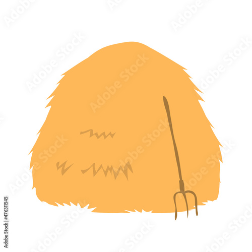 Haystack with pitchfork. Countryside. Farm and agriculture. Vector flat cartoon illustration on a white background