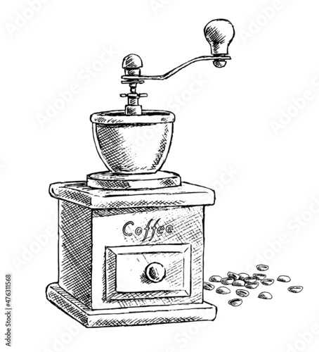 Retro coffee grinder with coffee beans. Antique device for preparing a coffee drink. Cafe symbol. Vector isolated hand drawn illustration. Black and white