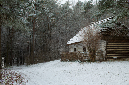 An old cabin near the forest. Open-air museum in Tokarnia, Poland.