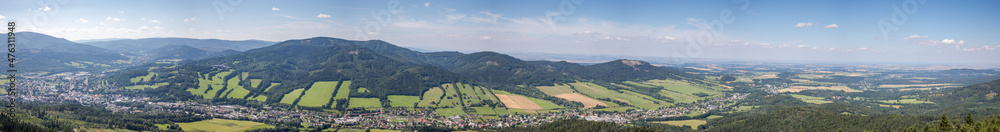 panorama of a mountain valley from a lookout tower