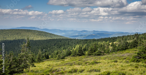 meadow on a mountain ridge and wooded mountain valleys