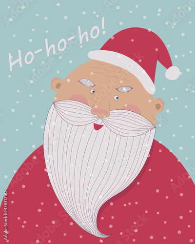 Santa Claus saying "Ho-ho-ho!" with snow on background in flat style