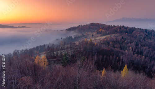 Fototapeta Naklejka Na Ścianę i Meble -  Misty autumn mountains landscape in the morning, Poland, Beskidy mountains seen from Koziarz peak.