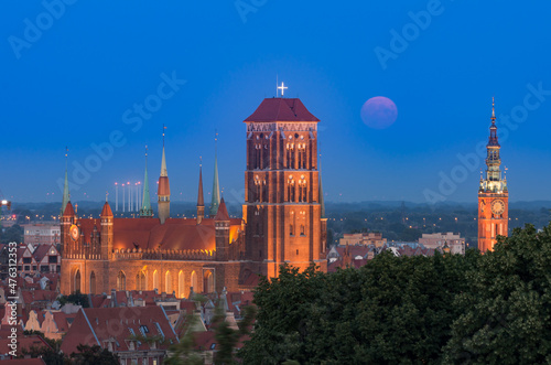 Gdansk, Poland, night view of the historical city center with St Mary's church