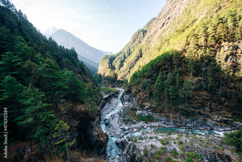 Beautiful mountain landscape in Himalayas, Nepal. Big mountains, blue river and fresh air. photo