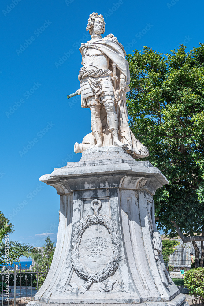 Statue of Count Matthias von der Schulemburg in Spianada in Kerkyra or Corfu Town in the Island of Corfu Ionian Islands Greece, Europe