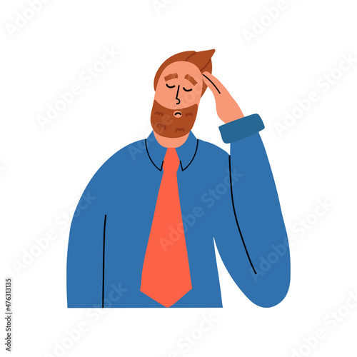 Businessman holds his head with his hand. The concept of chronic fatigue, professional burnout. Vector illustration of hand drawing style.
