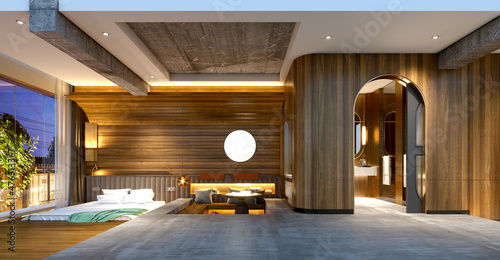 Foto 3d render of wooden style bedroom