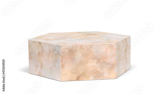 Marble hexagon podium on a white background with clipping path. 3D image