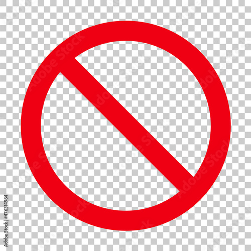 Sign forbidden. Icon symbol ban. Red circle sign stop entry ang slash line isolated on white background. Mark prohibited. Round cross logo restrict entrance. Signal cancel enter. Vector illustration