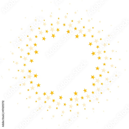 Gold stars round frame background. Christmas golden round frame, circle wreath, greeting card round pattern. Holidays backdrop. Vector illustration