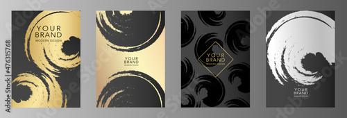 Modern grunge vector collection cover design set. Creative abstract art pattern with silver and gold brush stroke texture on black background  for eco catalog, brochure, template, menu, flyer.