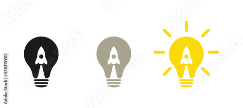 Lamp and rocket. Light bulb and airplane symbol or icon. Takeoff concept. Web design.