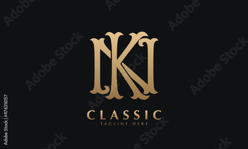 Alphabet AK or KA illustration monogram vector logo template in silver color and black background