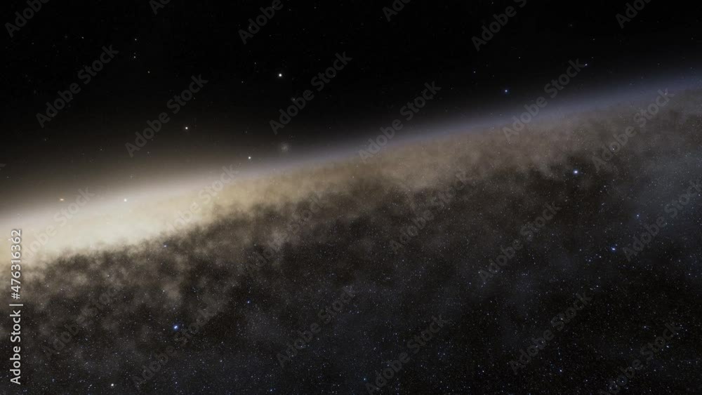 Spaceship flies at the speed of light through a galaxy in space. Billions of stars in the Milky Way or Andromeda galaxy. Highly detailed 4k cinematic animation of space