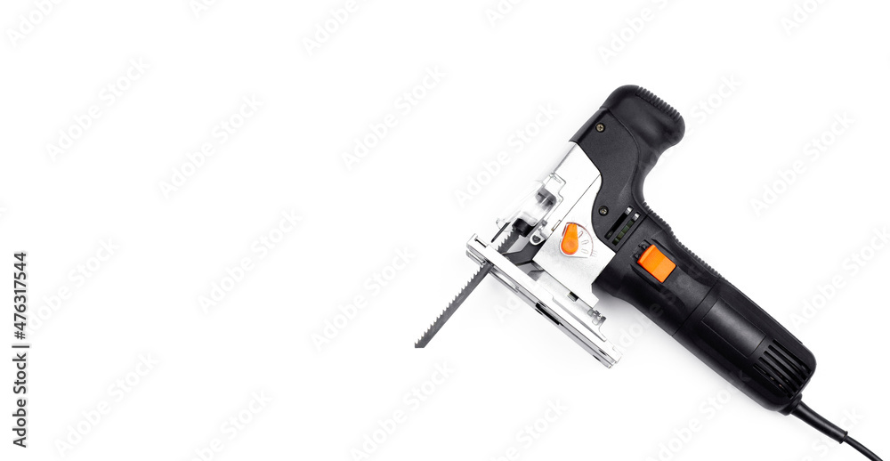 Electric jigsaw. Woodworking power tools. Jigsaw. On a white background. Workshop. Electric jigsaw. Woodworking power tools. Jigsaw. On a white background. Workshop.