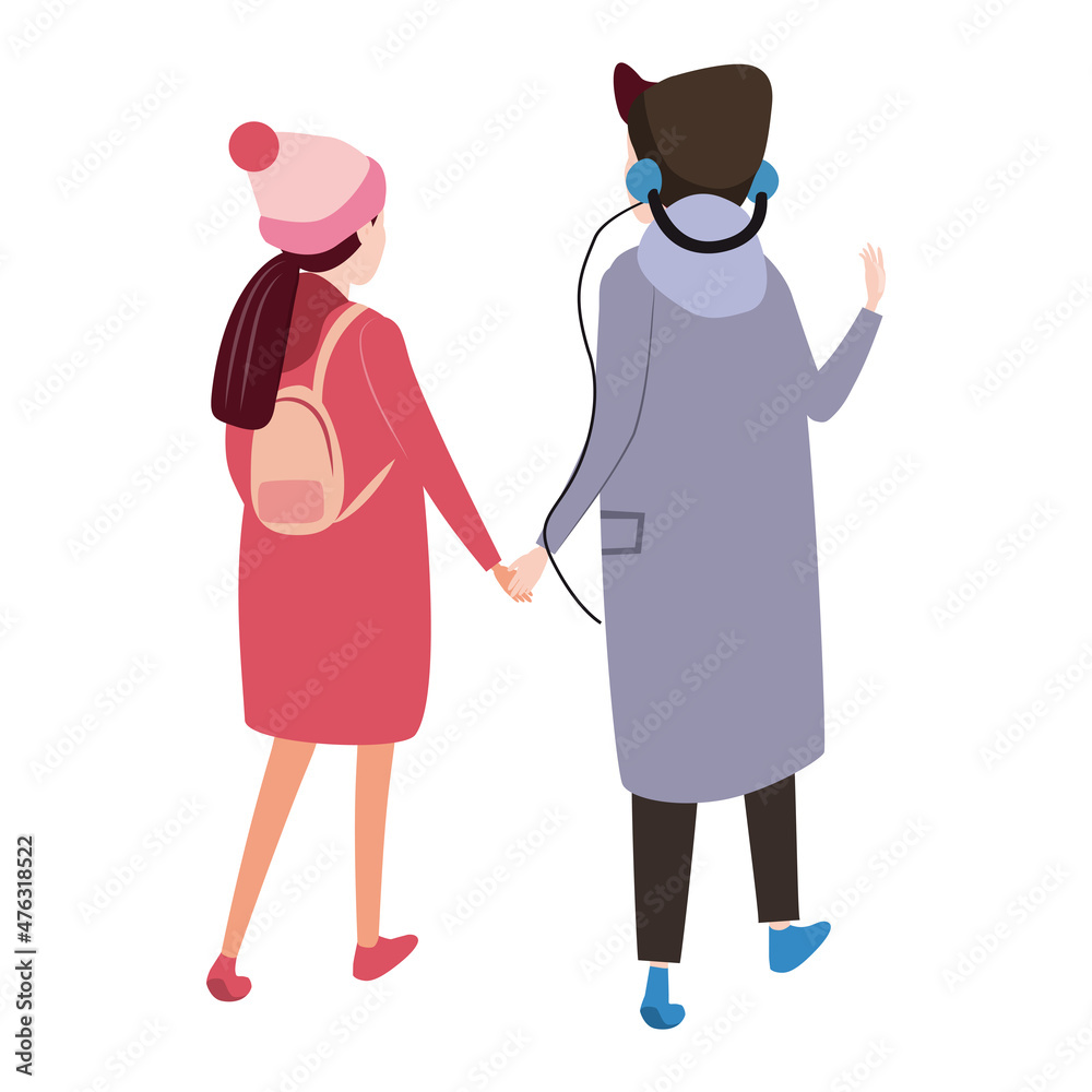 Happy young couple family, winter cold weather clothes, cap, warm coat, boots. Cartoon flat style Happy young couple family, winter cold weather clothes, cap, warm coat, boots. Cartoon flat style