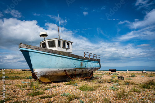 Old Fishing vessel lying on dry land, England