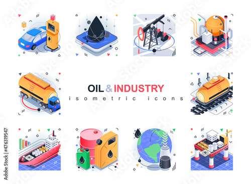 Oil industry isometric icons set. Extraction and transportation of oil, gas and gasoline, filling station, global energy system 3d isometry isolated pack. Vector illustration isometric elements
