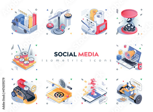 Social media isometric icons set. Content creation and publication, attracting new audience, digital marketing, likes and following, 3d isometry isolated pack. Vector illustration isometric elements