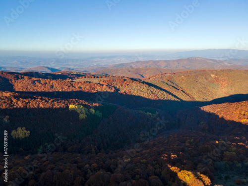 Aerial Autumn sunset view of Konyavska mountain, Bulgaria