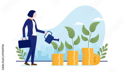 Woman growing money - Female person watering money tree. Economic growth and business profits concept, vector illustration