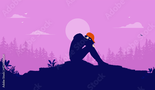 Depressed man - Male person sitting alone outdoors feeling sad and alone. Depression concept, vector illustration