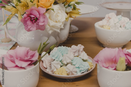 little candy color meringue kiss on a bridal shower party table